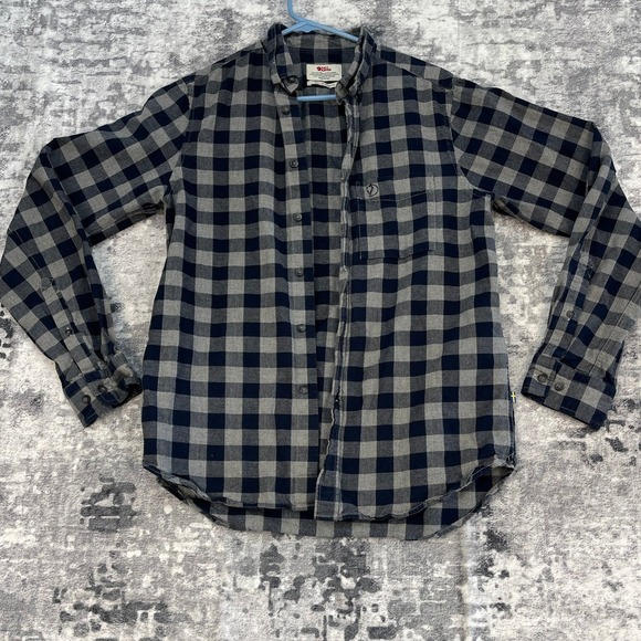 Fjallraven Ovik Check LS Shirt Men'sScandi Size S Navy Grey Plaid Cotton